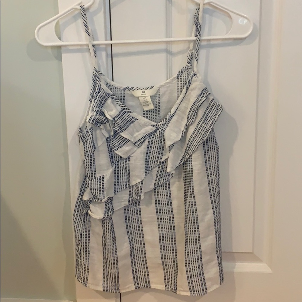 H&M blue and white striped ruffle tank top